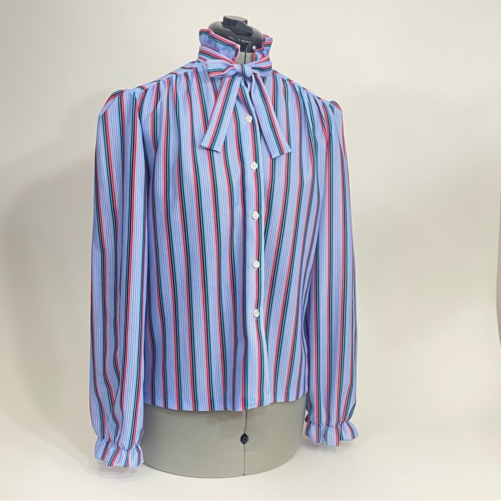 Vintage 80s 70s Secretary Blouse Small 9 to 5 Ruffles Stripes Bow Blue Red Green